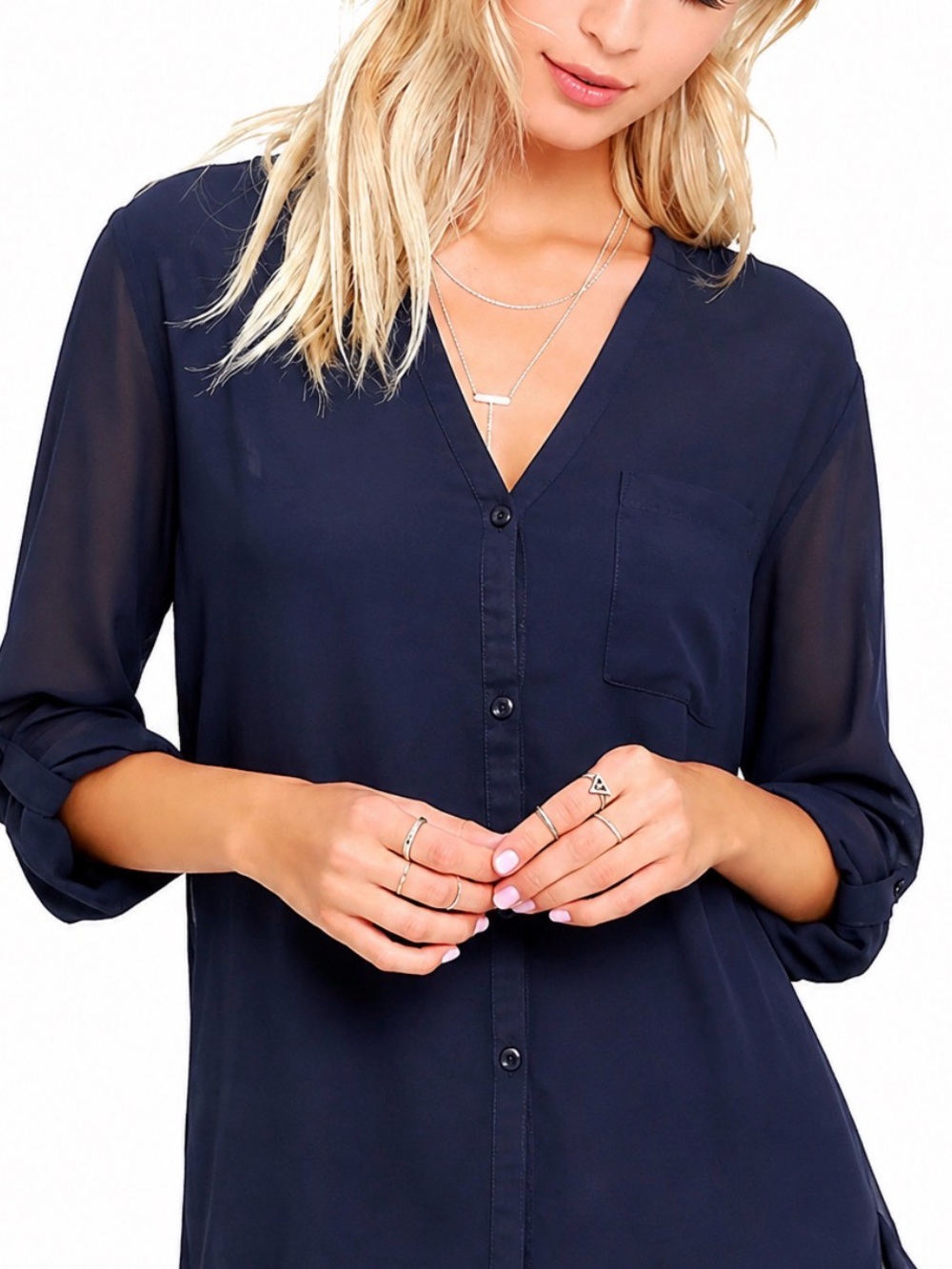 Sheer Navy Button-Front Women's Top
